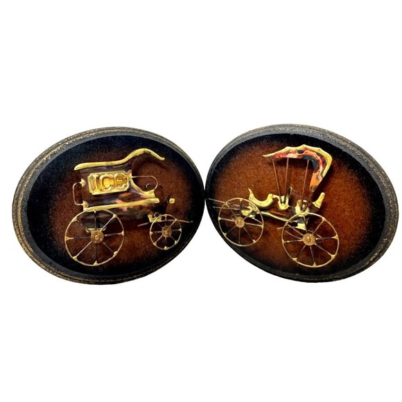 Vintage Brass Horse Carriage & Ice Wagon Wall Plaques On Rustic Brown Background - Picture 1 of 6